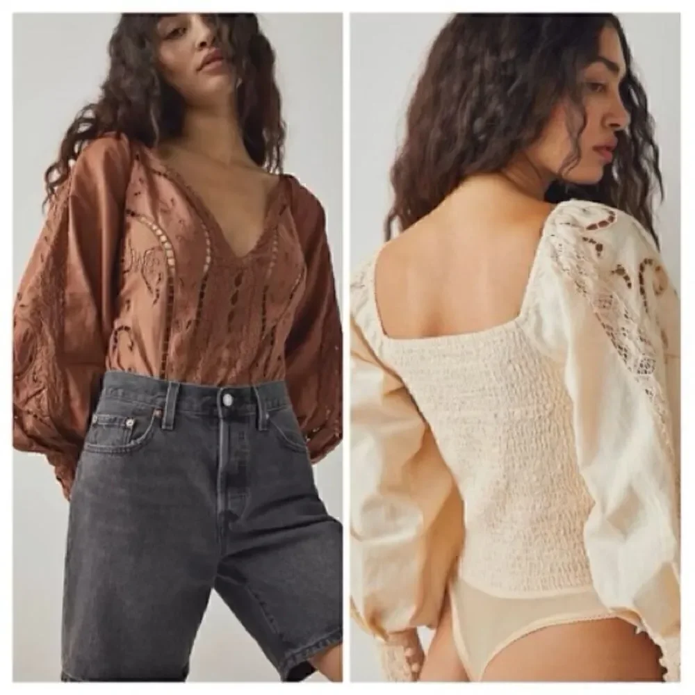 NWOT Free People Regina Bodysuit Top Thong Eyelet Balloon Sleeves Smocked Retro